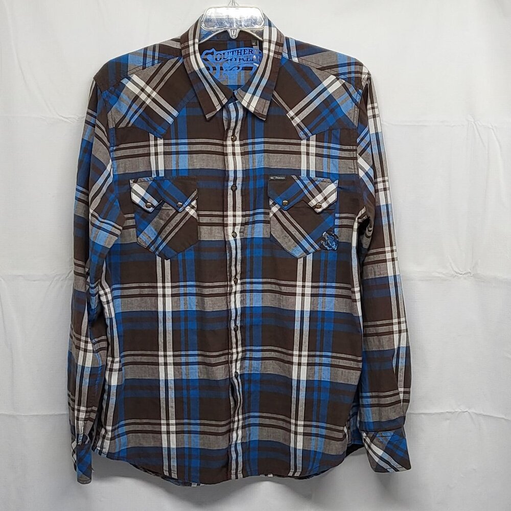 Southern Thread Shirt Pearl Snap Mens XL Button Up Long Sleeve Western Plaid